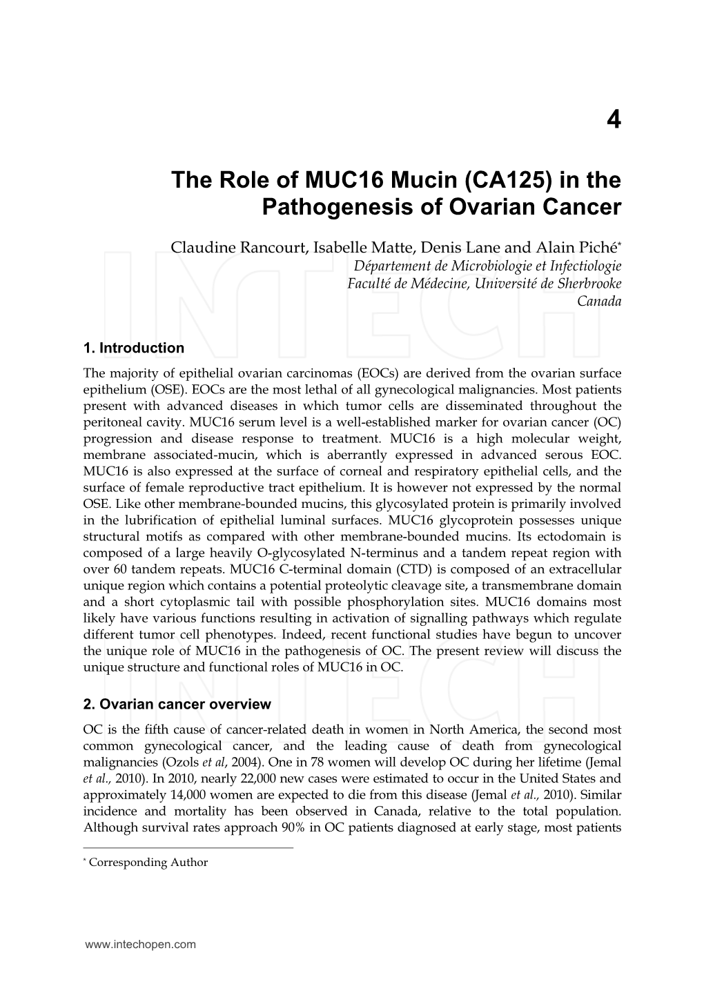 (CA125) in the Pathogenesis of Ovarian Cancer