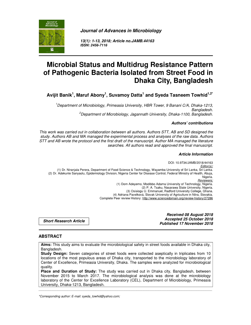 Microbial Status and Multidrug Resistance Pattern of Pathogenic Bacteria Isolated from Street Food in Dhaka City, Bangladesh