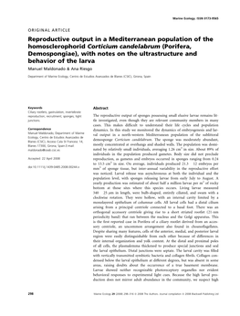 Porifera, Demospongiae), with Notes on the Ultrastructure and Behavior of the Larva Manuel Maldonado & Ana Riesgo