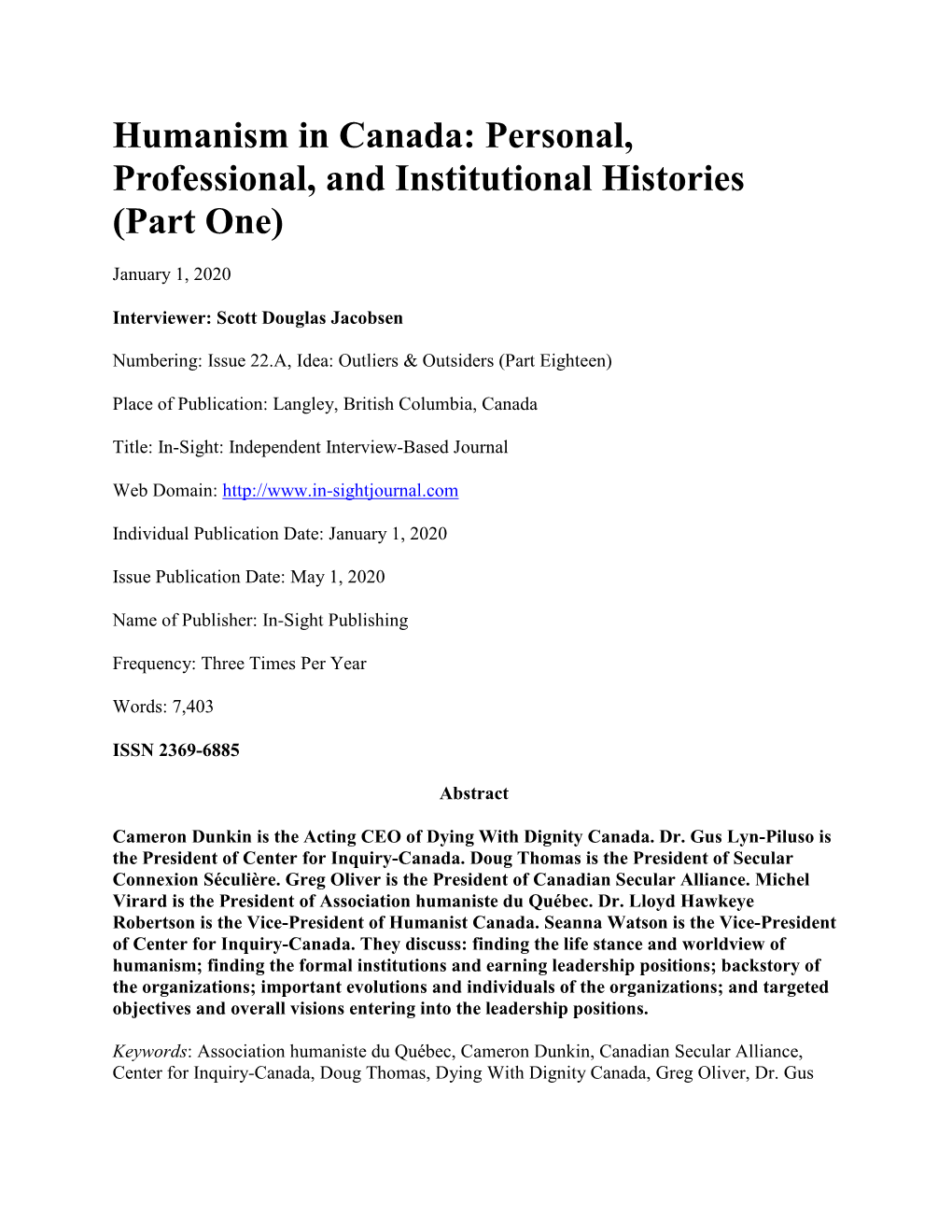 Humanism in Canada: Personal, Professional, and Institutional Histories (Part One)