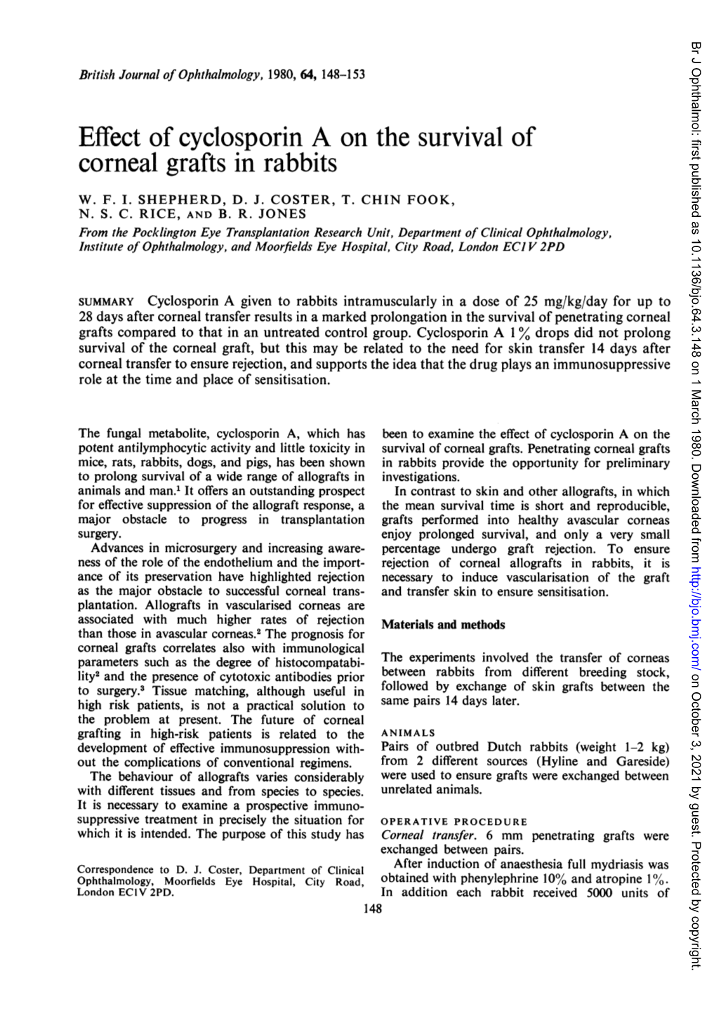 Effect of Cyclosporin a on the Survival of Corneal Grafts in Rabbits