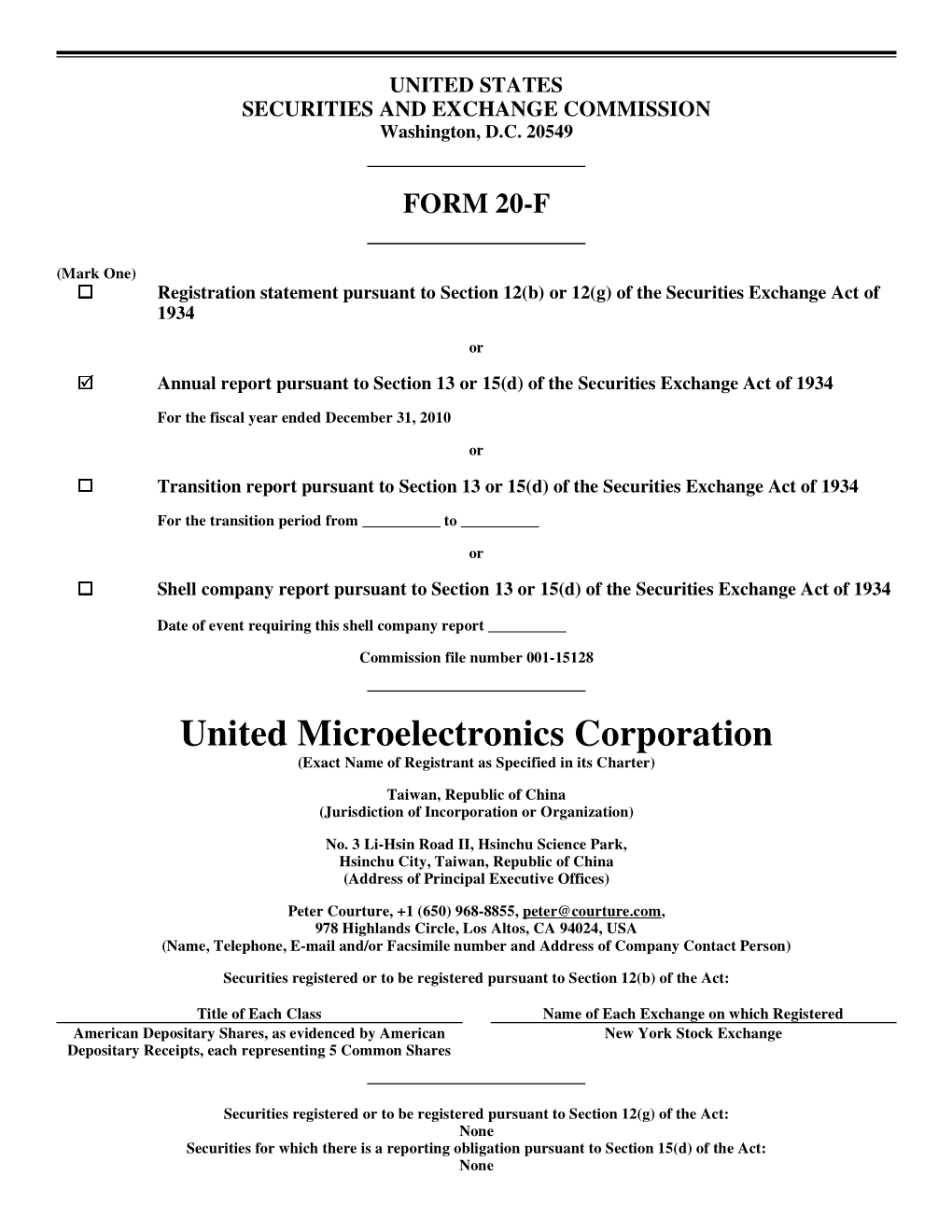 United Microelectronics Corporation (Exact Name of Registrant As Specified in Its Charter)