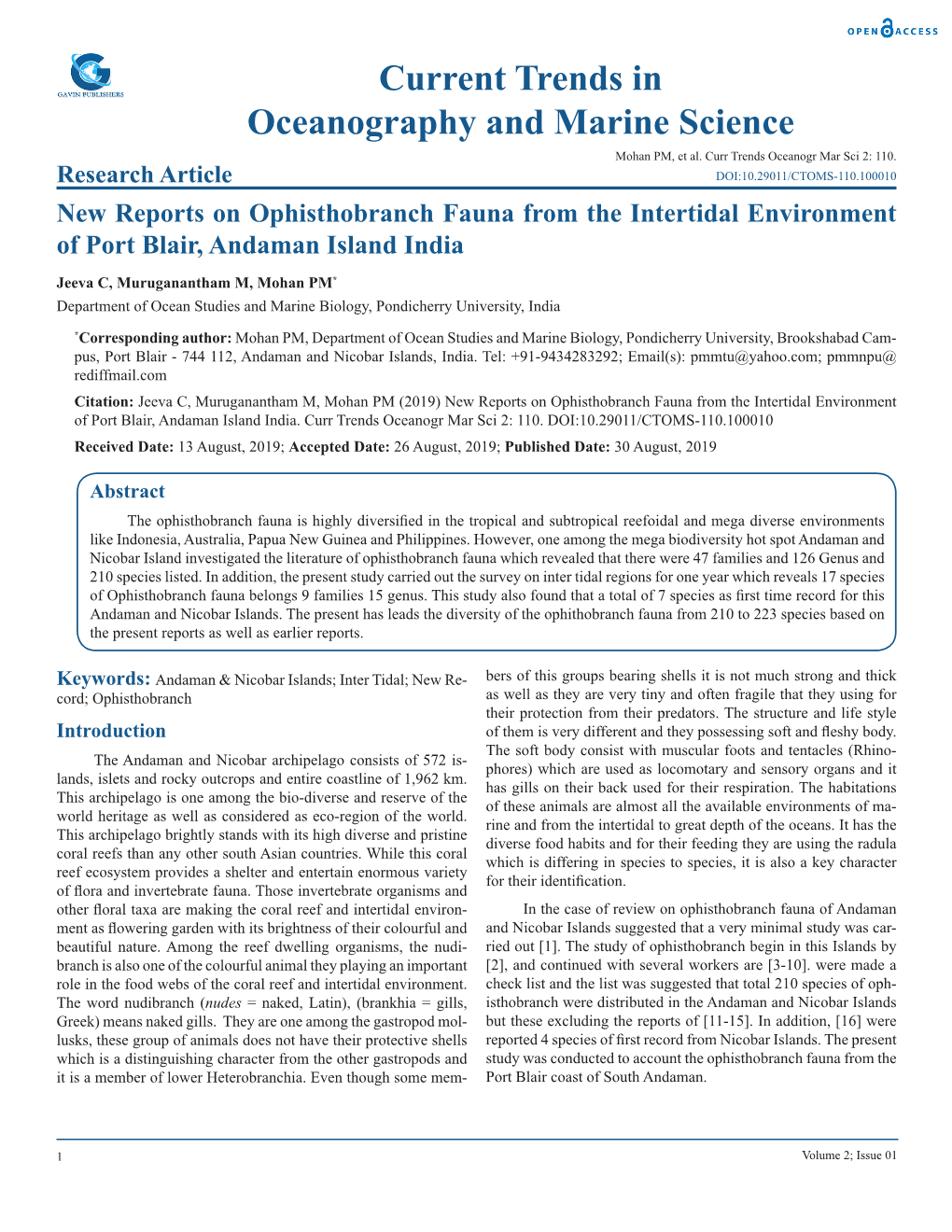 Current Trends in Oceanography and Marine Science Mohan PM, Et Al