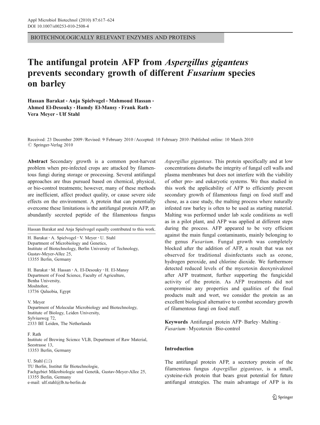 The Antifungal Protein AFP from Aspergillus Giganteus Prevents Secondary Growth of Different Fusarium Species on Barley