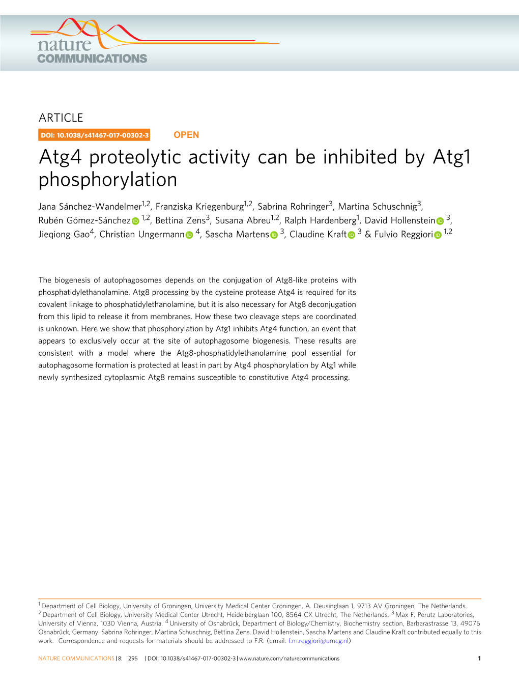 Atg4 Proteolytic Activity Can Be Inhibited by Atg1 Phosphorylation