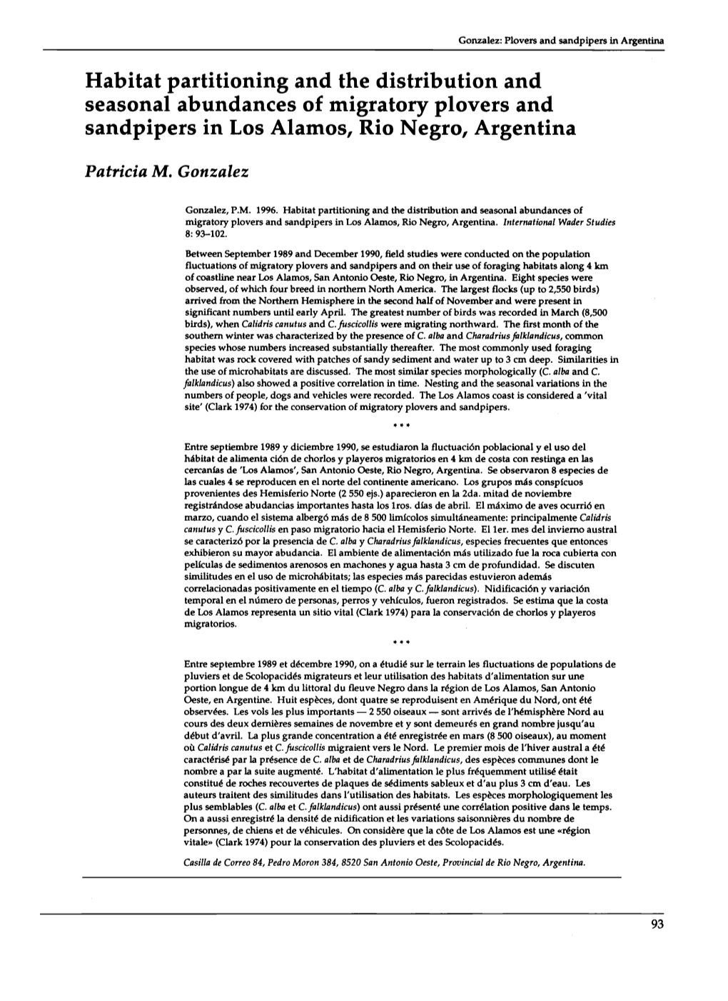 Habitat Partitioning and the Distribution and Seasonalabundances Migratory Plovers and Sandpipers in Los Alamos, Rio Negro, Argentina