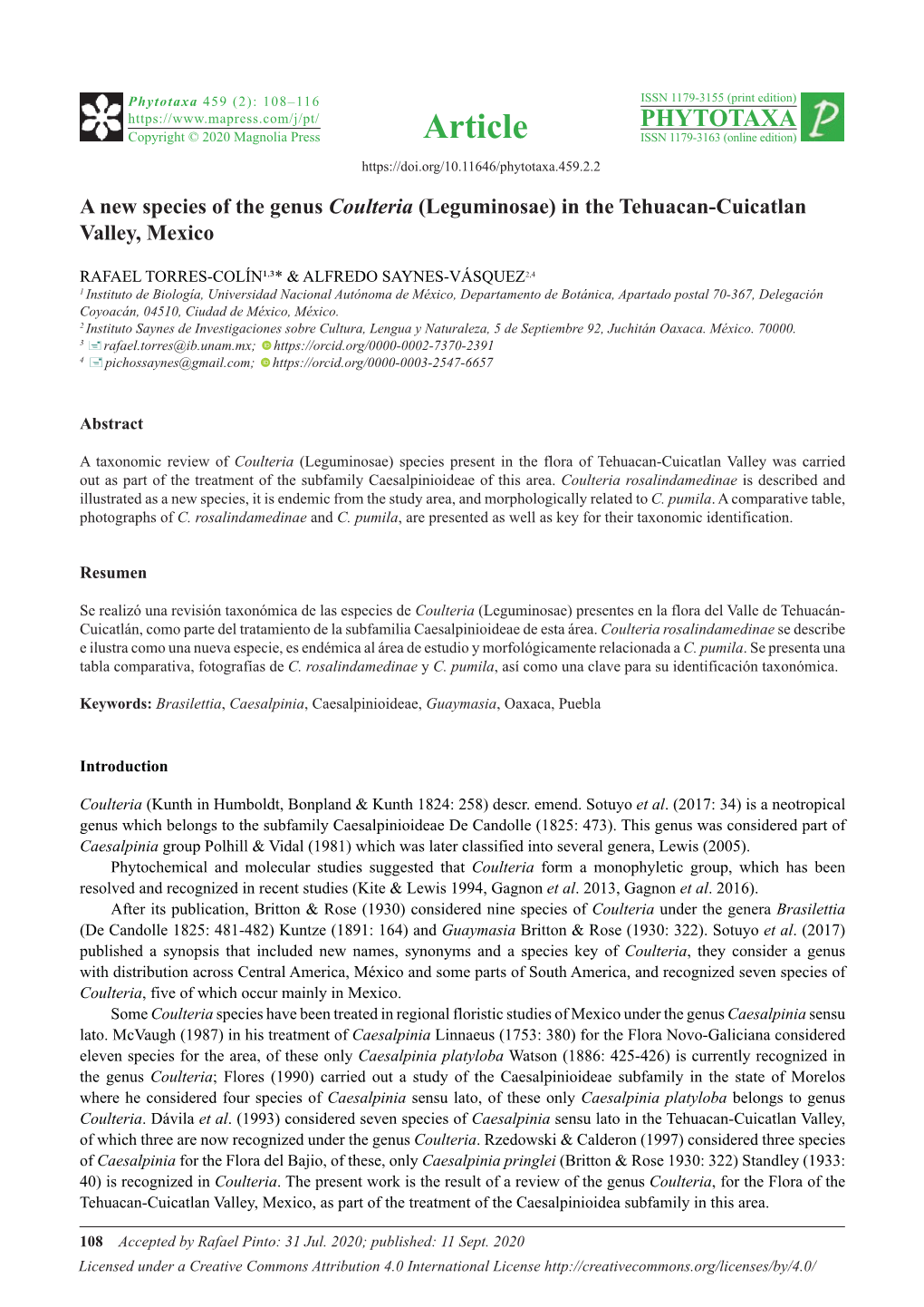 A New Species of the Genus Coulteria (Leguminosae) in the Tehuacan-Cuicatlan Valley, Mexico