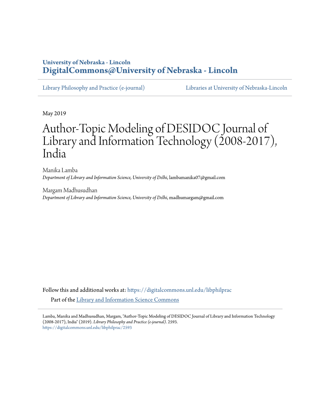 Author-Topic Modeling of DESIDOC Journal of Library And