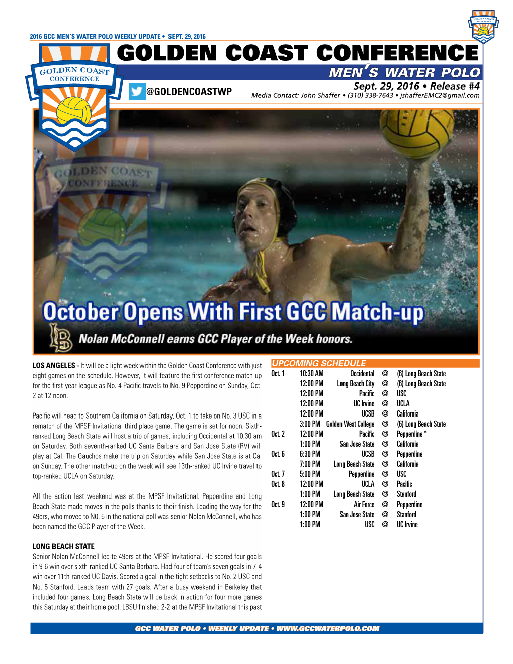 SEPT. 29, 2016 GOLDEN COAST CONFERENCE Men’S Water Polo Sept