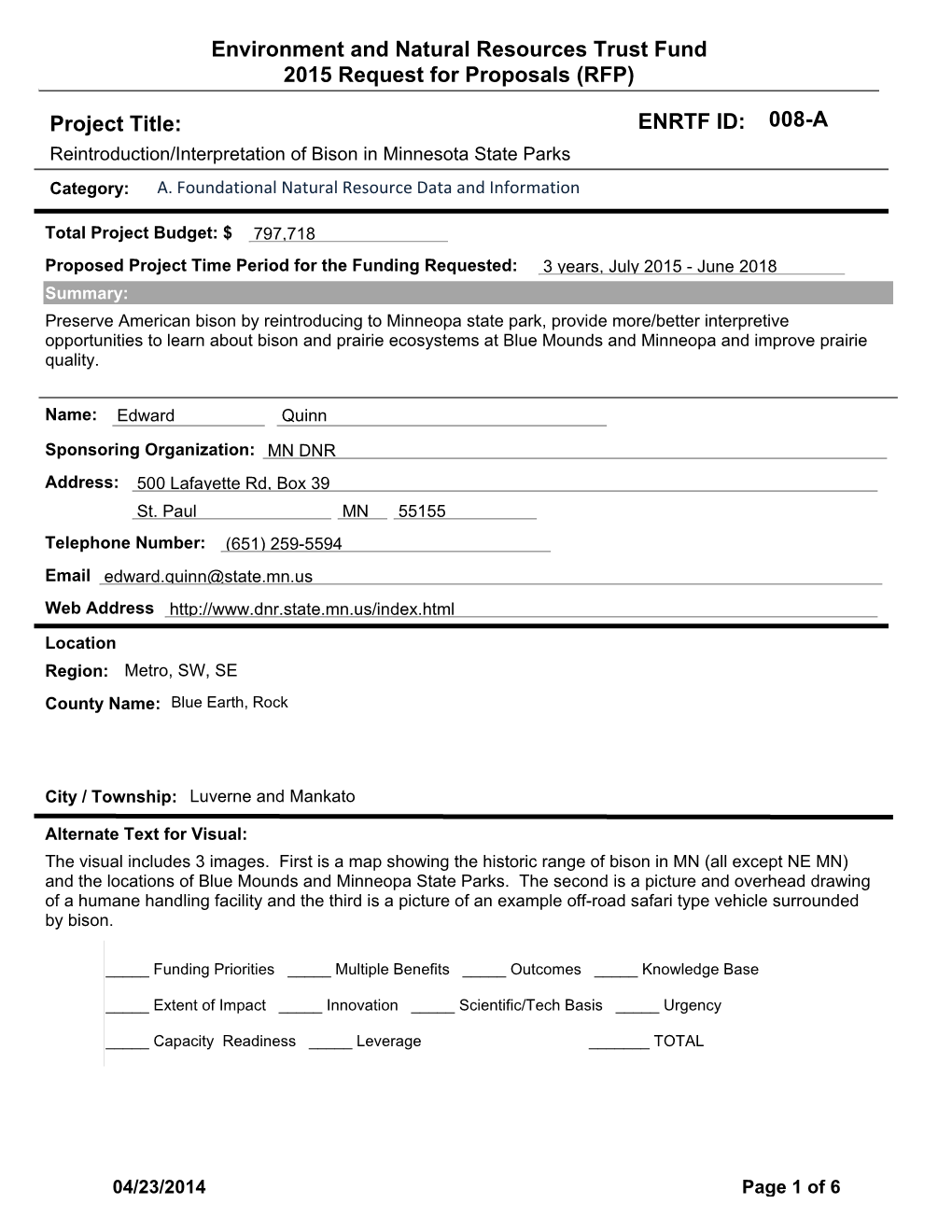 Environment and Natural Resources Trust Fund 2015 Request for Proposals (RFP)