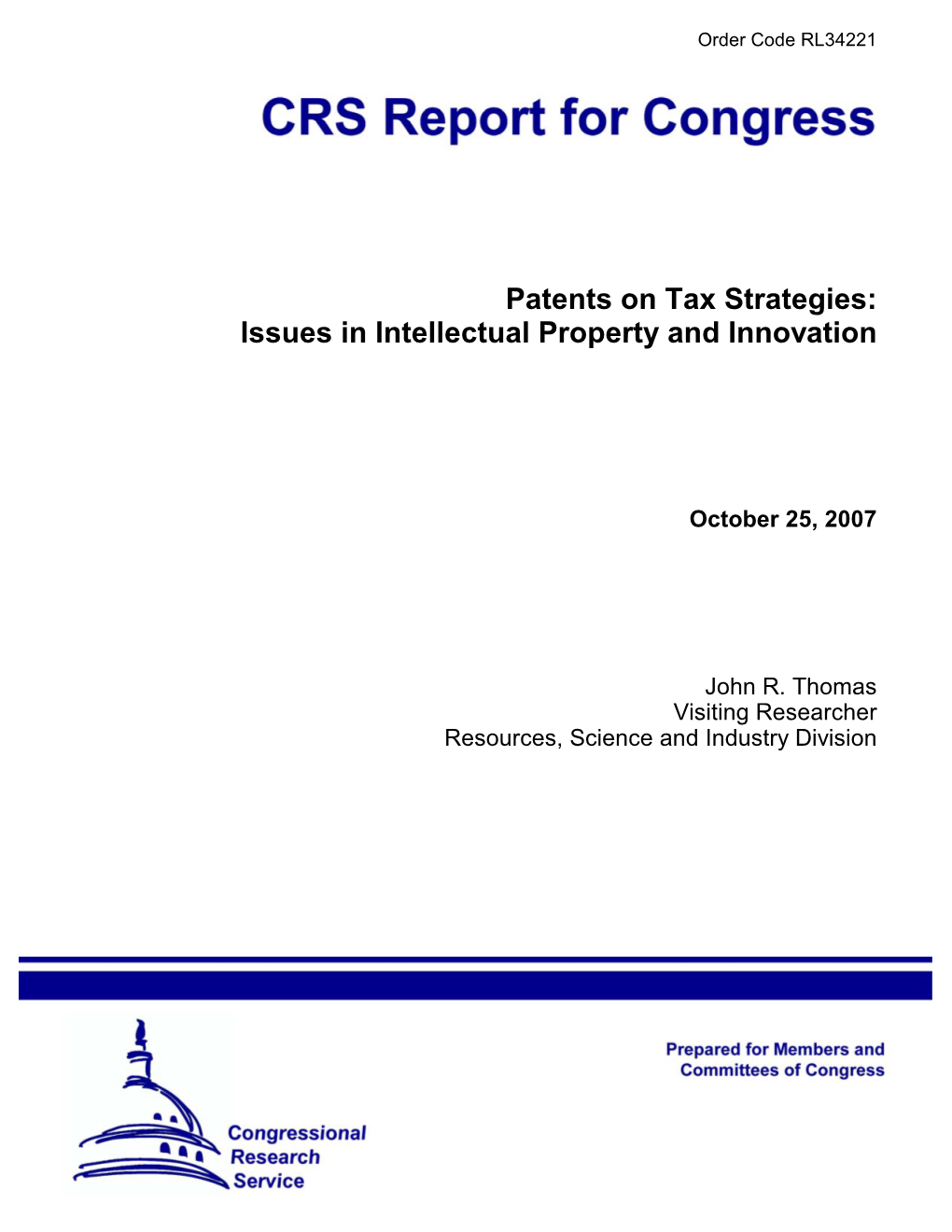 Patents on Tax Strategies: Issues in Intellectual Property and Innovation