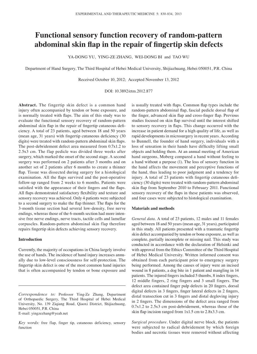 Functional Sensory Function Recovery of Random-Pattern Abdominal Skin Flap in the Repair of Fingertip Skin Defects