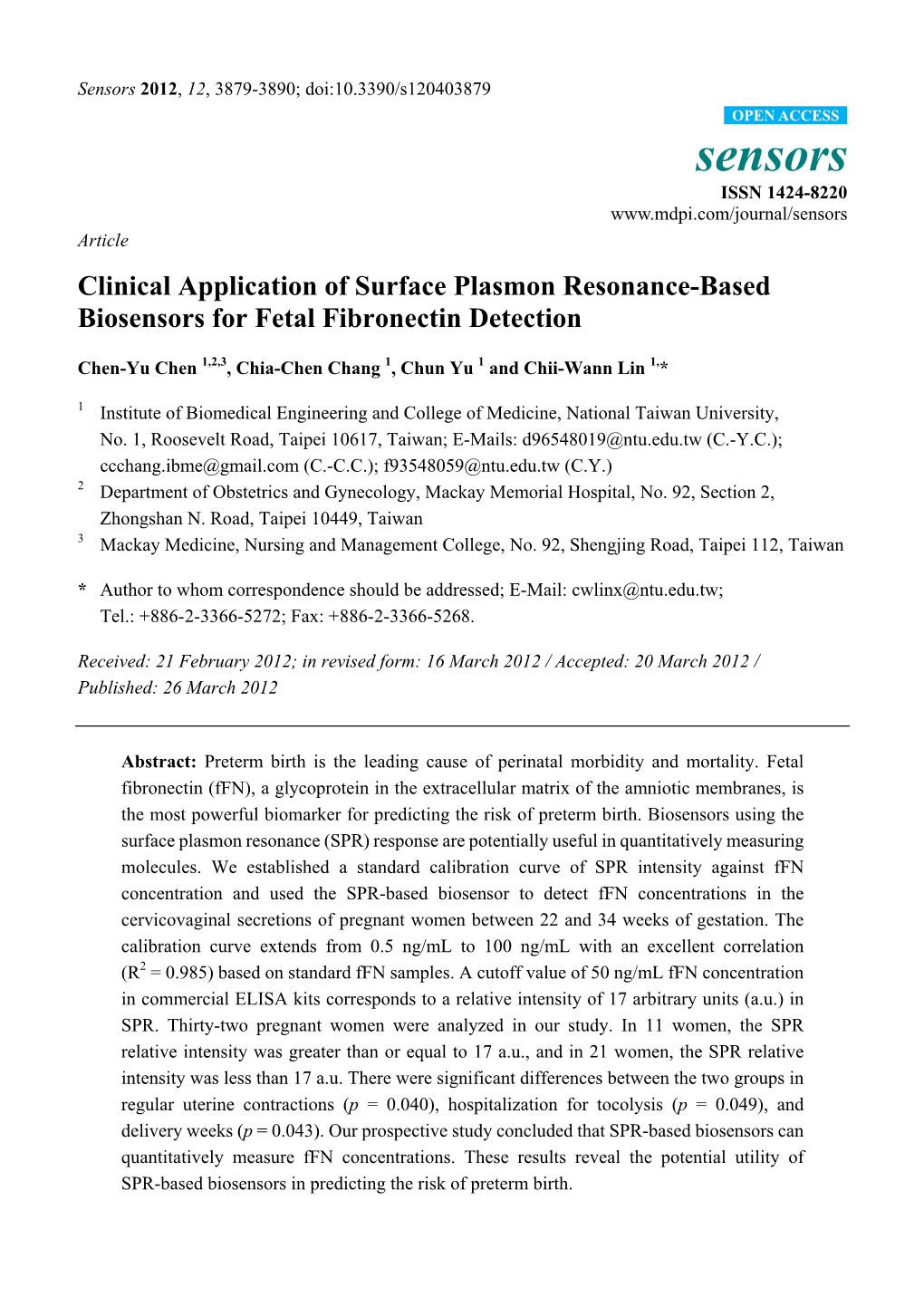 Clinical Application of Surface Plasmon Resonance-Based Biosensors for Fetal Fibronectin Detection