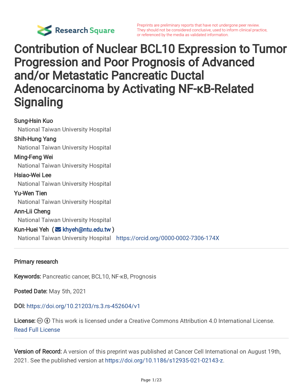 Contribution of Nuclear BCL10 Expression To