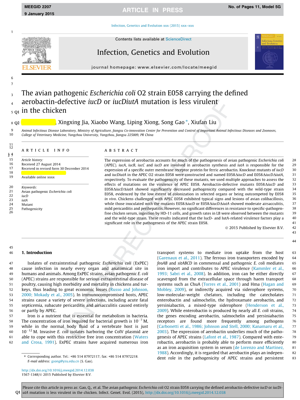 The Avian Pathogenic Escherichia Coli O2 Strain E058 Carrying the Defined