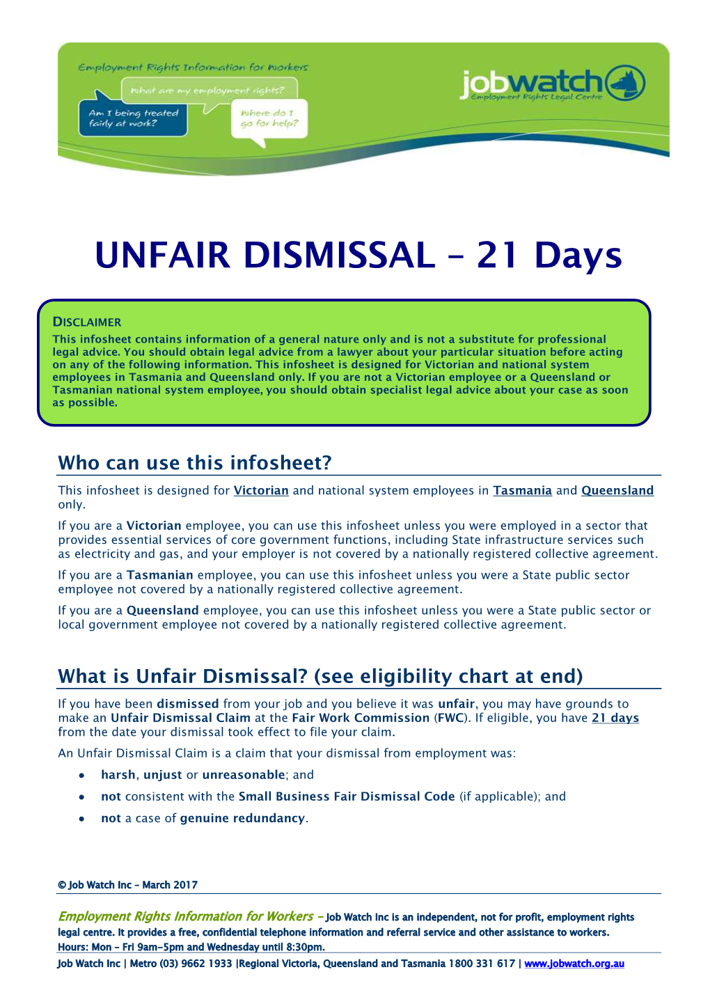 UNFAIR DISMISSAL – 21 Days