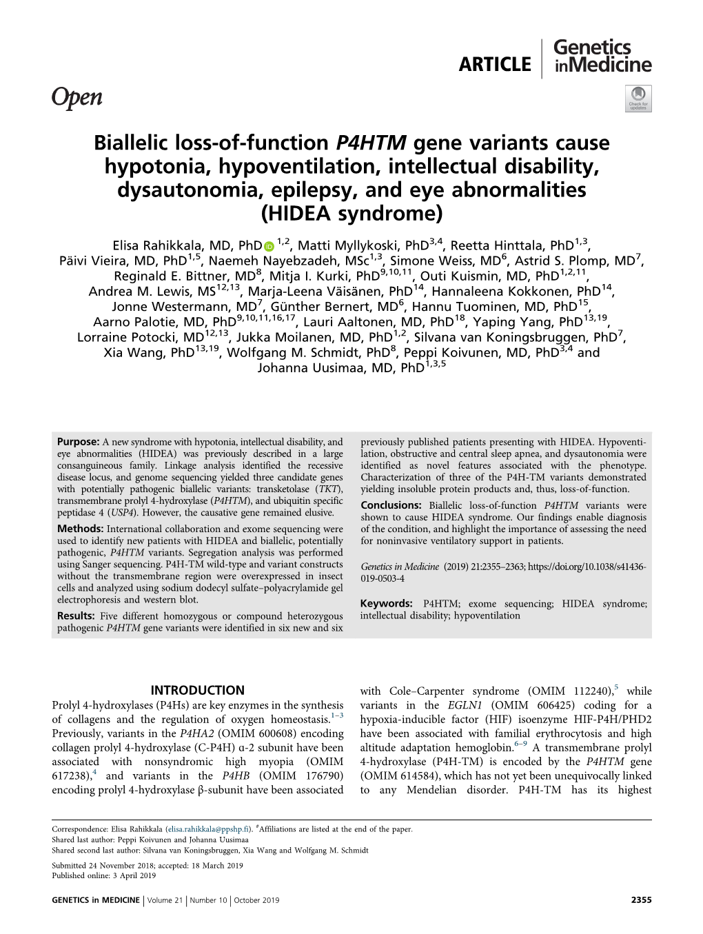 Biallelic Loss-Of-Function P4HTM Gene Variants Cause Hypotonia