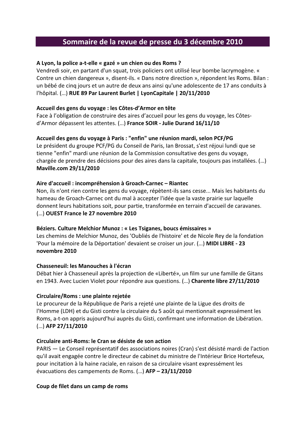 Sommaire De La Revue De Presse Du 3 Dcembre 2010