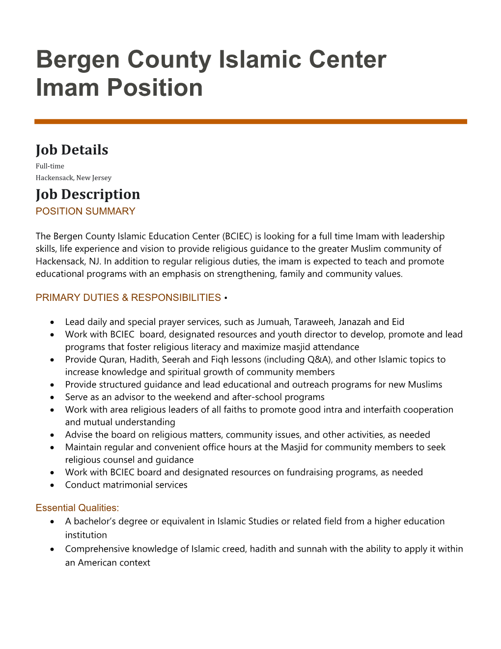 Bergen County Islamic Center Imam Position