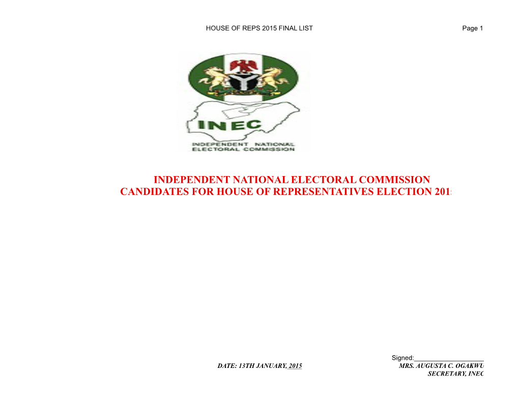 Independent National Electoral Commission Candidates for House of Representatives Election 2015
