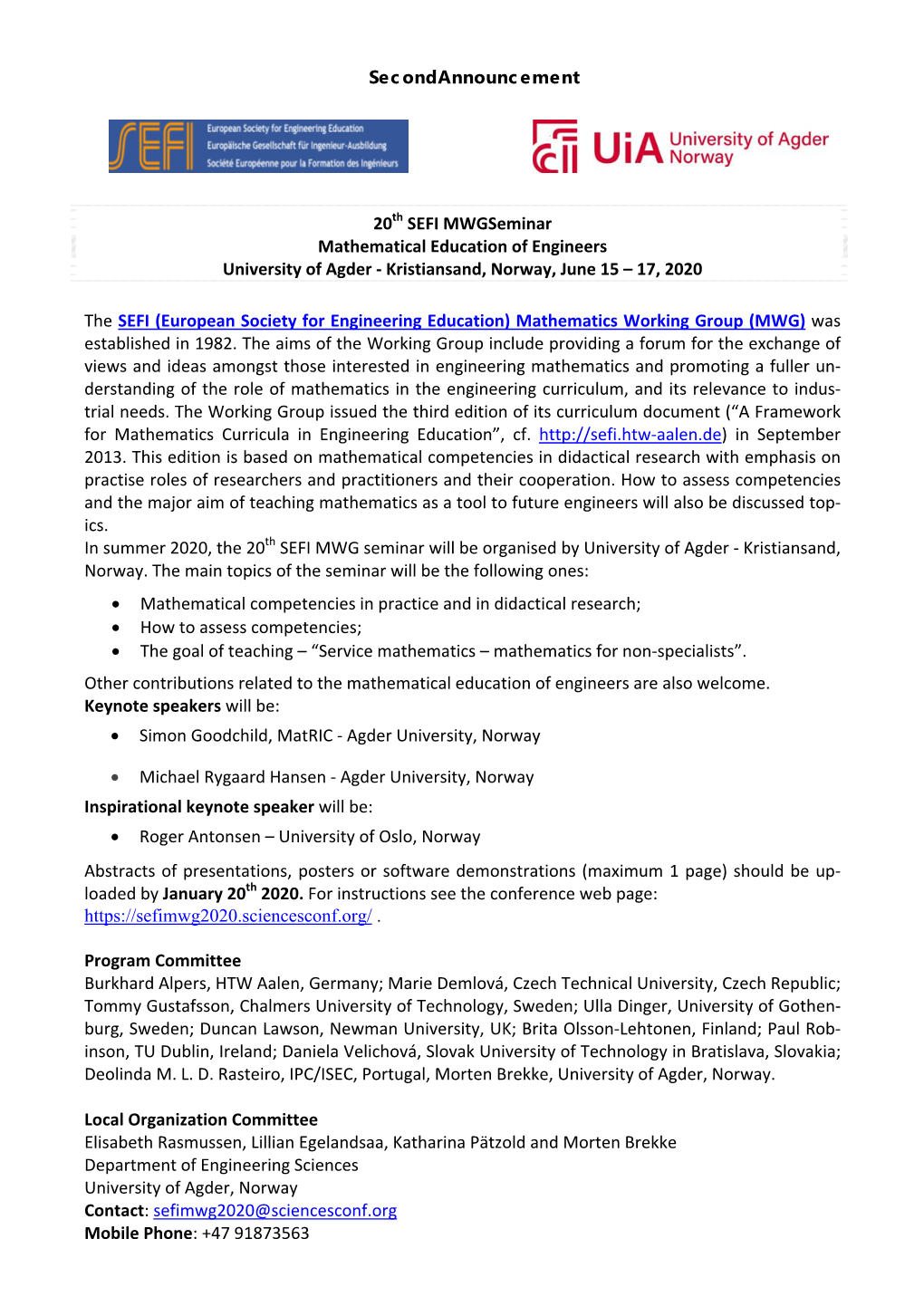 Secondannouncement 20Th SEFI Mwgseminar Mathematical