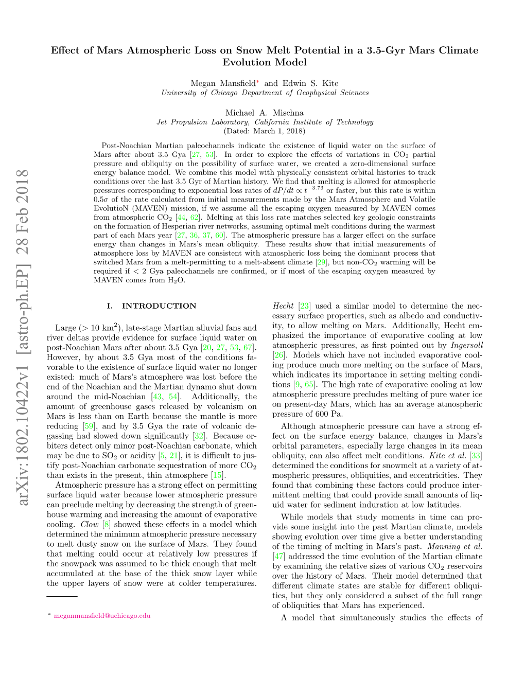 Arxiv:1802.10422V1 [Astro-Ph.EP] 28 Feb 2018 Can Preclude Melting by Decreasing the Strength of Green- Uid Water for Sediment Induration at Low Latitudes