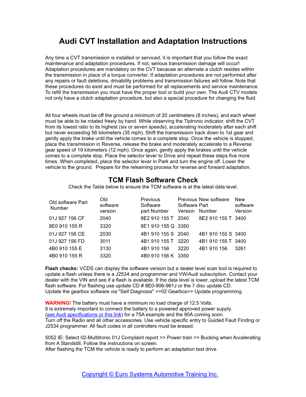 Audi CVT Installation and Adaptation Instructions