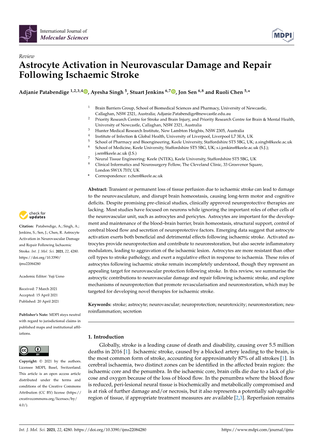 Astrocyte Activation in Neurovascular Damage and Repair Following Ischaemic Stroke