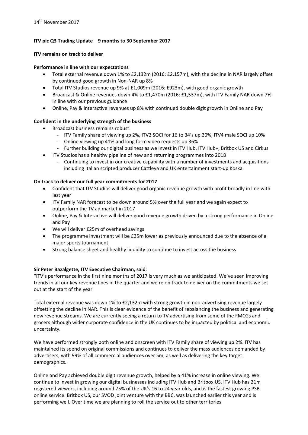 14Th November 2017 ITV Plc Q3 Trading Update – 9 Months to 30