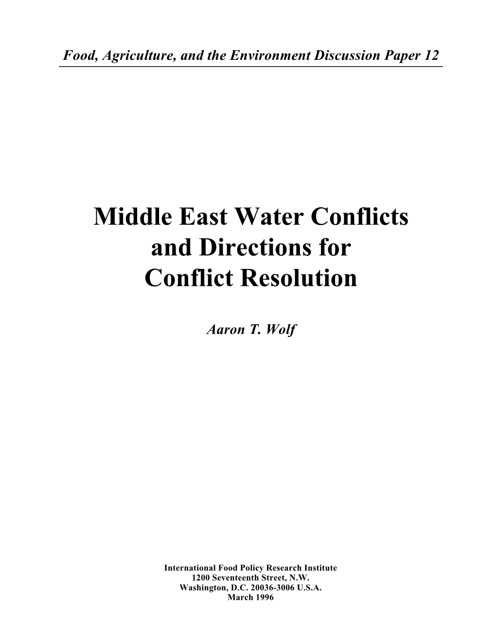 Middle East Water Conflicts and Directions for Conflict Resolution