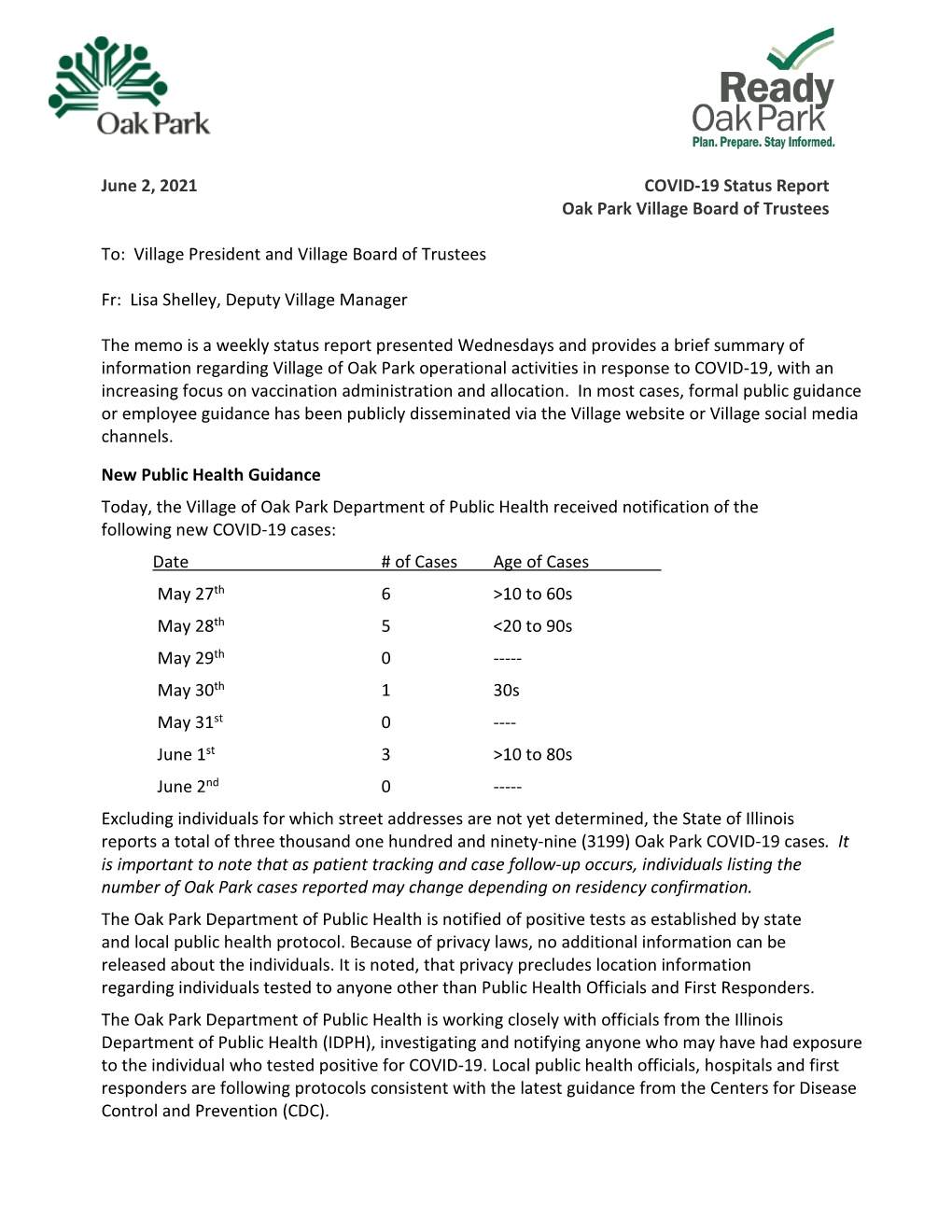 June 2, 2021 COVID-19 Status Report Oak Park Village Board of Trustees To: Village President and Village Board of Trustees