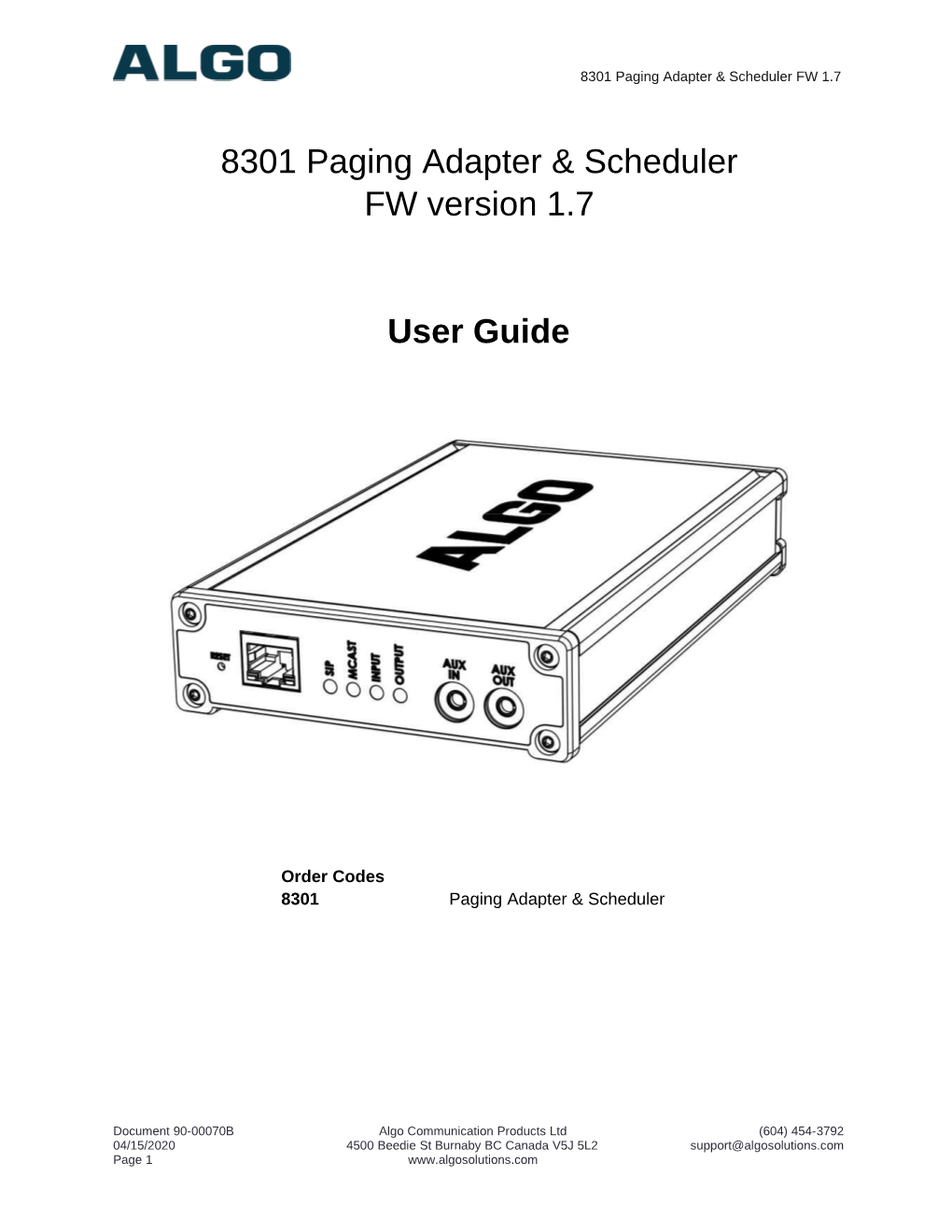 8301 Paging Adapter & Scheduler FW Version 1.7 User Guide