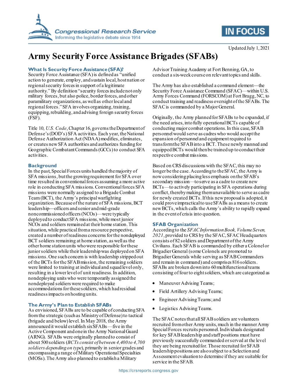 Army Security Force Assistance Brigades (Sfabs)