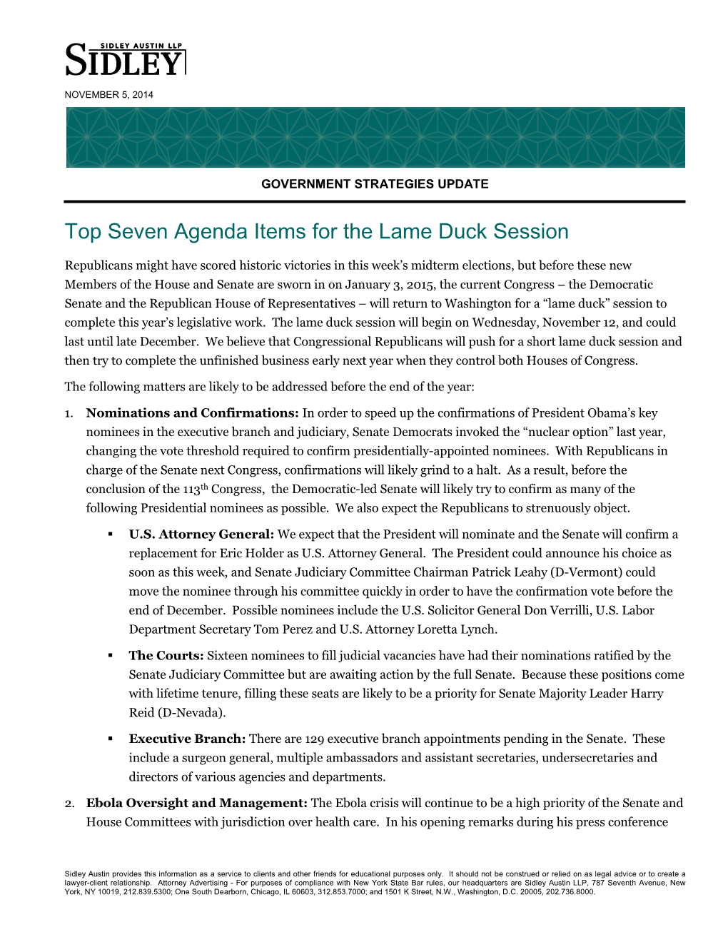 Top Seven Agenda Items for the Lame Duck Session