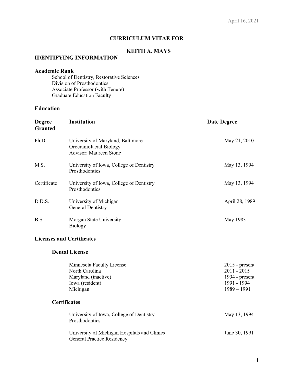 Curriculum Vitae for Keith A. Mays Identifying