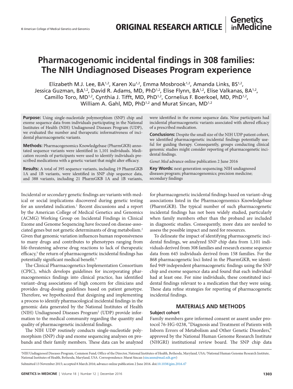 Pharmacogenomic Incidental Findings in 308 Families: the NIH Undiagnosed Diseases Program Experience