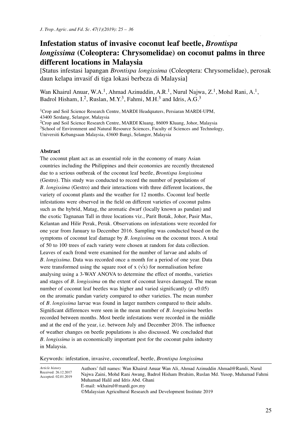 Infestation Status of Invasive Coconut Leaf Beetle, Brontispa Longissima