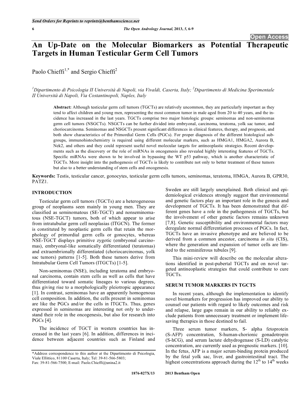 An Up-Date on the Molecular Biomarkers As Potential Therapeutic Targets in Human Testicular Germ Cell Tumors