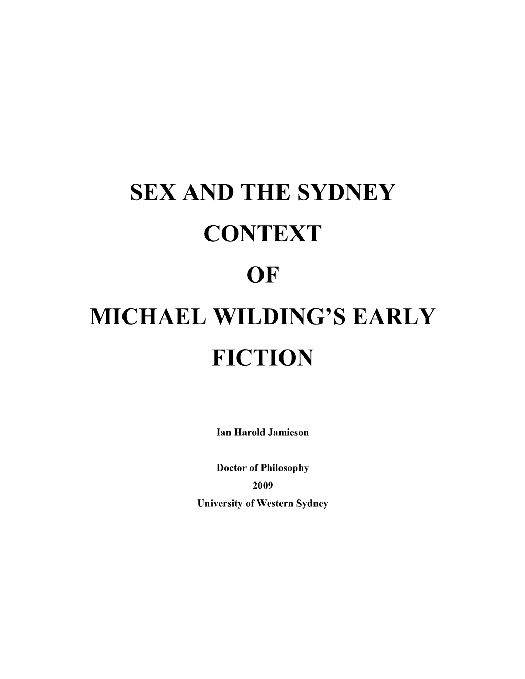 Sex and the Sydney Context of Michael Wilding’S Early Fiction