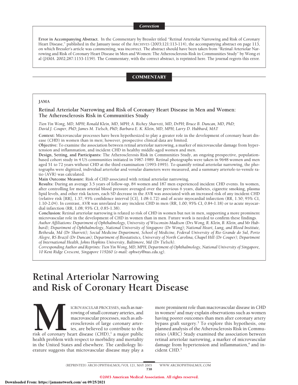 Retinal Arteriolar Narrowing and Risk of Coronary Heart Disease Correction