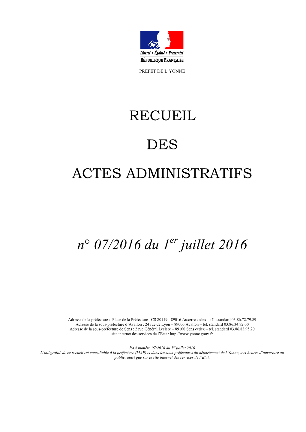 RECUEIL DES ACTES ADMINISTRATIFS N° 07/2016 Du 1