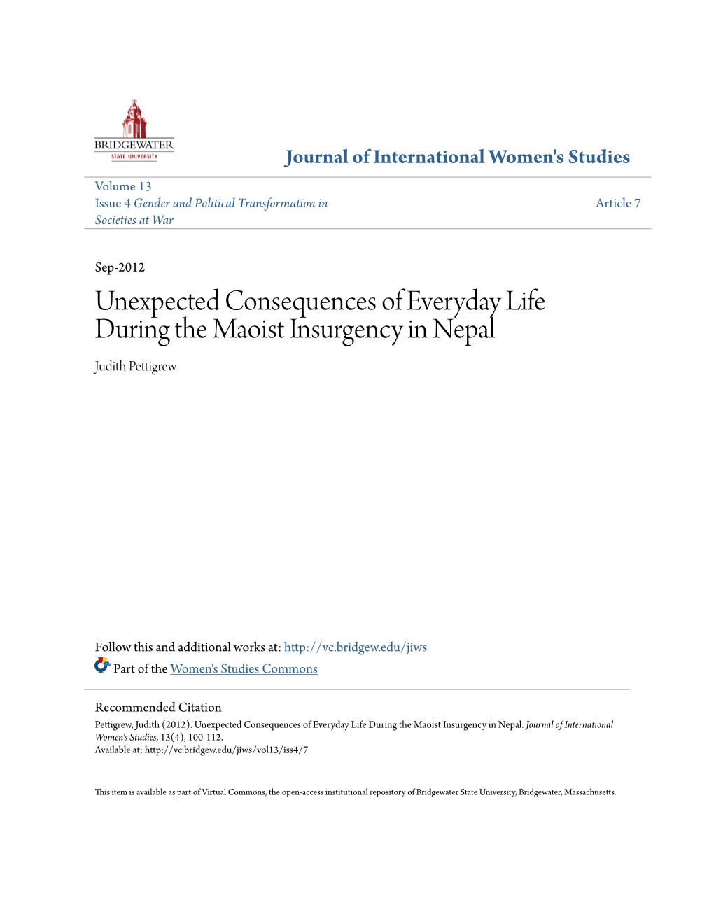Unexpected Consequences of Everyday Life During the Maoist Insurgency in Nepal Judith Pettigrew