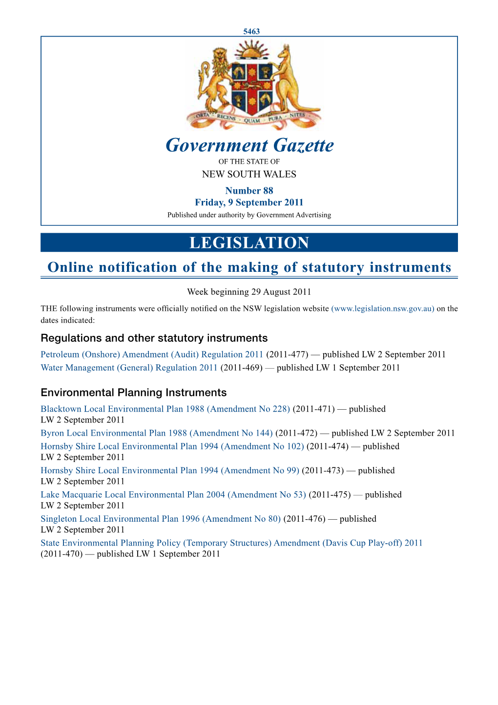 Government Gazette of the STATE of NEW SOUTH WALES Number 88 Friday, 9 September 2011 Published Under Authority by Government Advertising