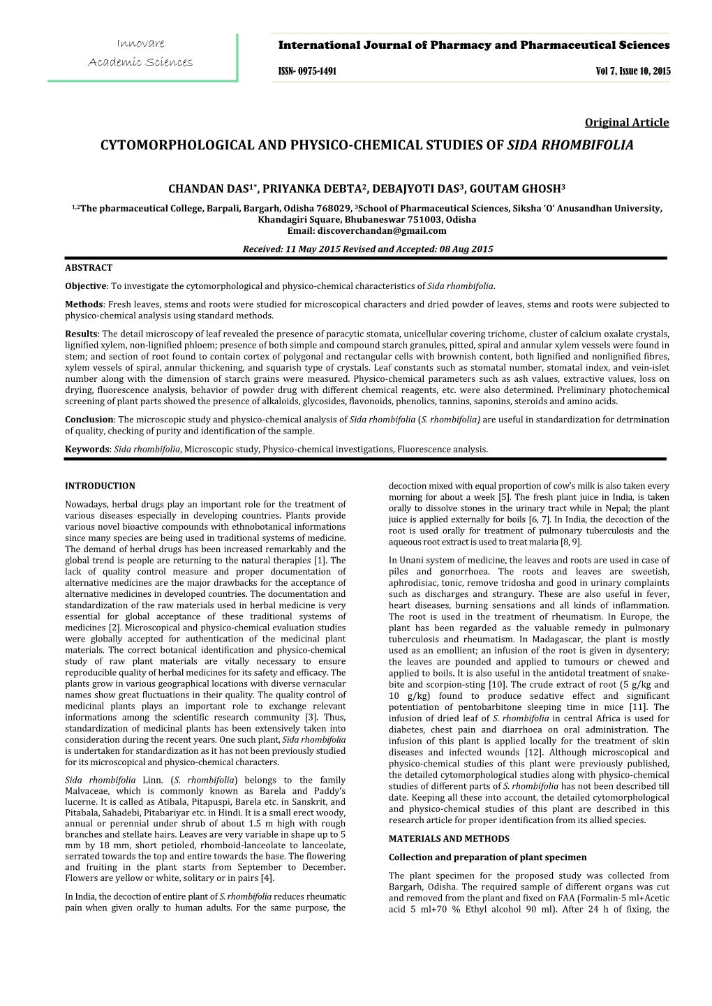 Cytomorphological and Physico-Chemical Studies of Sida Rhombifolia