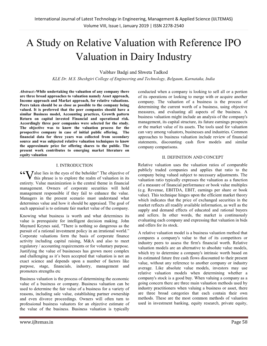 A Study on Relative Valuation with Reference IPO Valuation in Dairy Industry