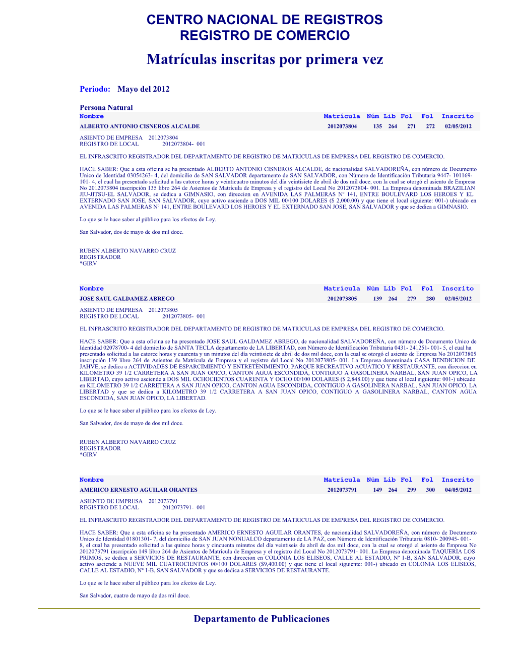 Asientos De Matrícula De Empresa Y El Registro Del Local No 2012073804- 001