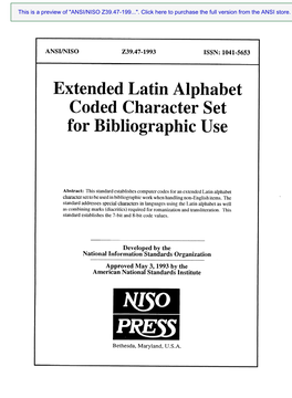 Extended Latin Alphabet Coded Character Set for Bibliographic Use