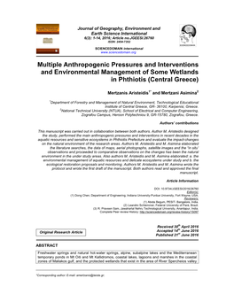 Multiple Anthropogenic Pressures and Interventions and Environmental Management of Some Wetlands in Phthiotis (Central Greece)