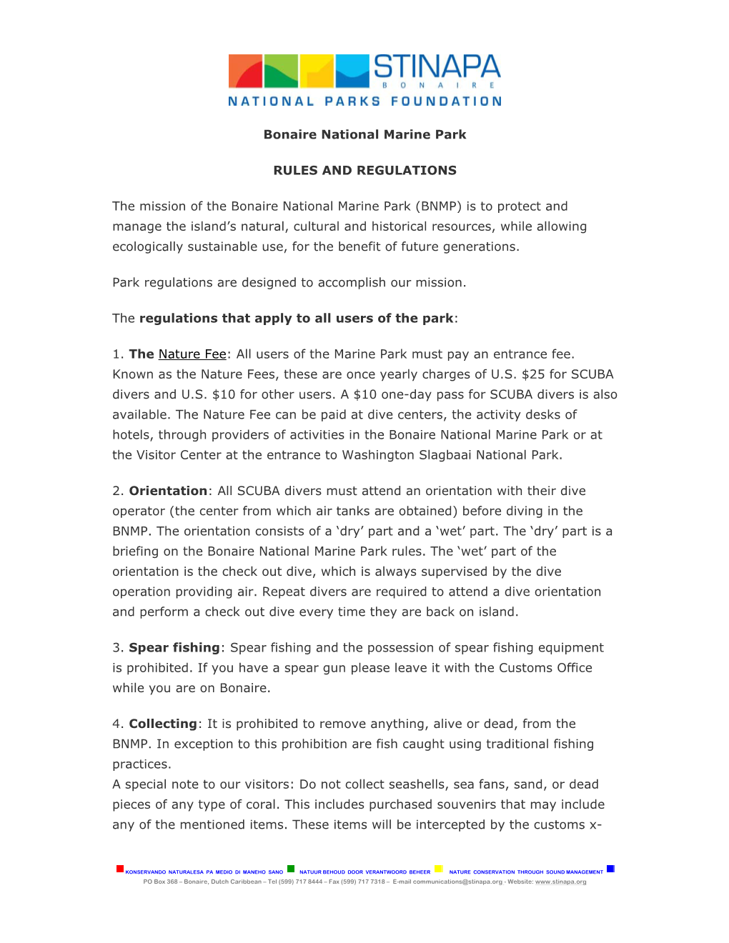 Bonaire National Marine Park RULES and REGULATIONS the Mission