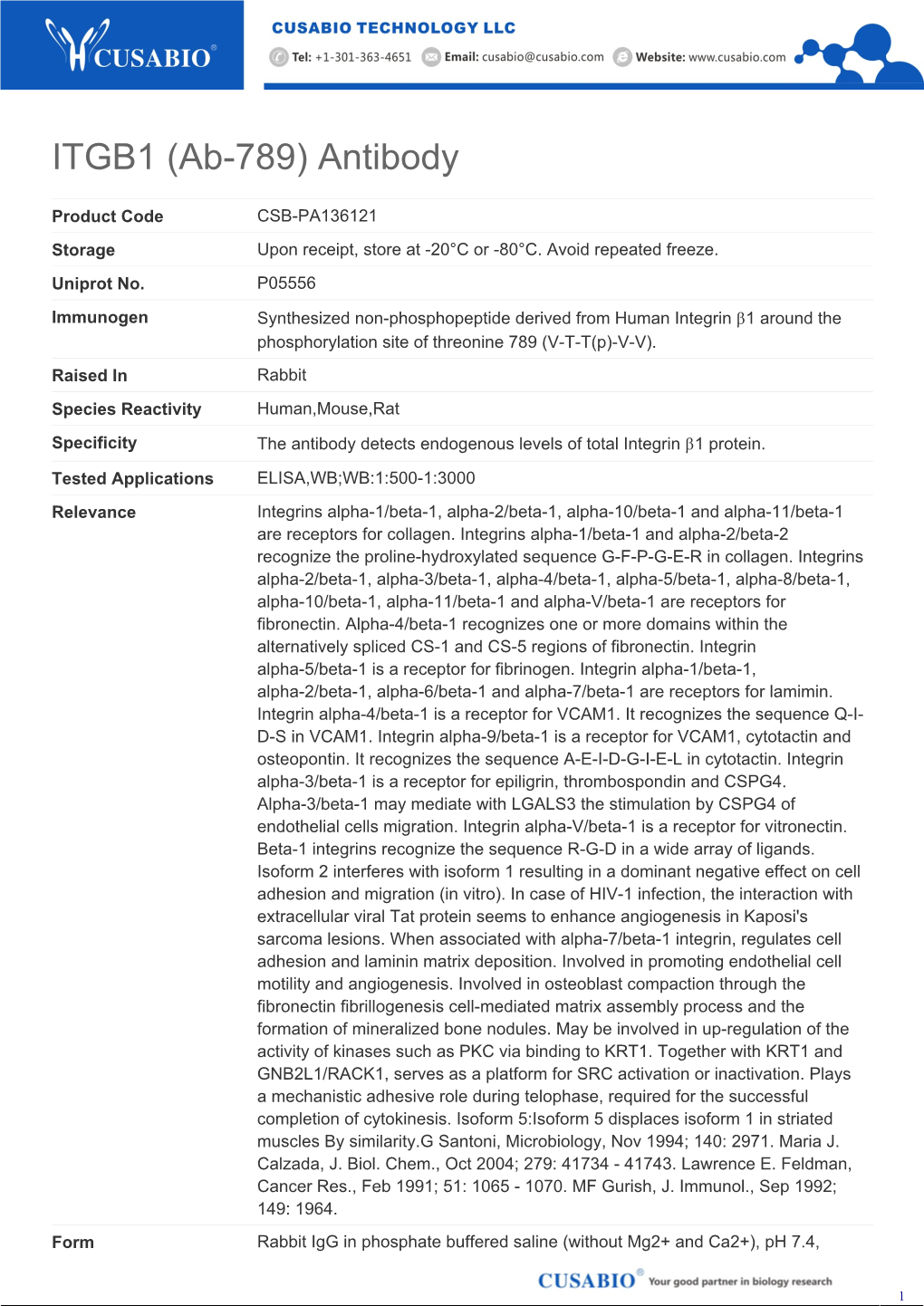 ITGB1 (Ab-789) Antibody